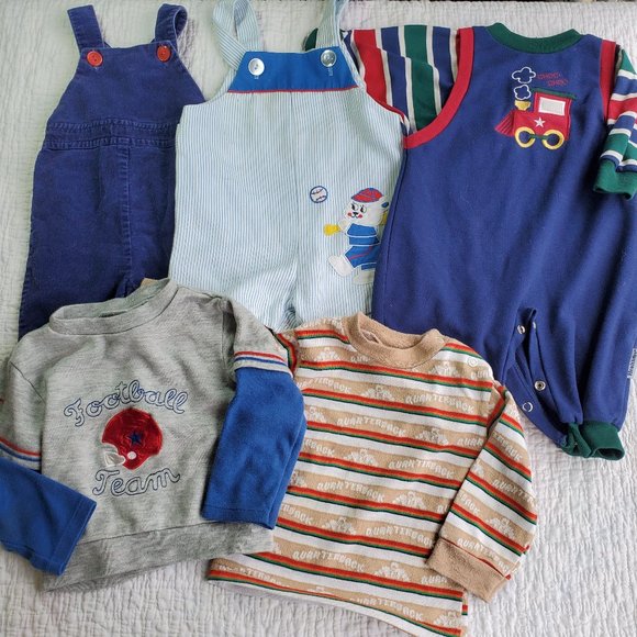 Vintage Other - Vintage 70s 80s Baby Boy Lot Set of 5 TShirt Overalls Jumpsuit Blue 6/9 Months